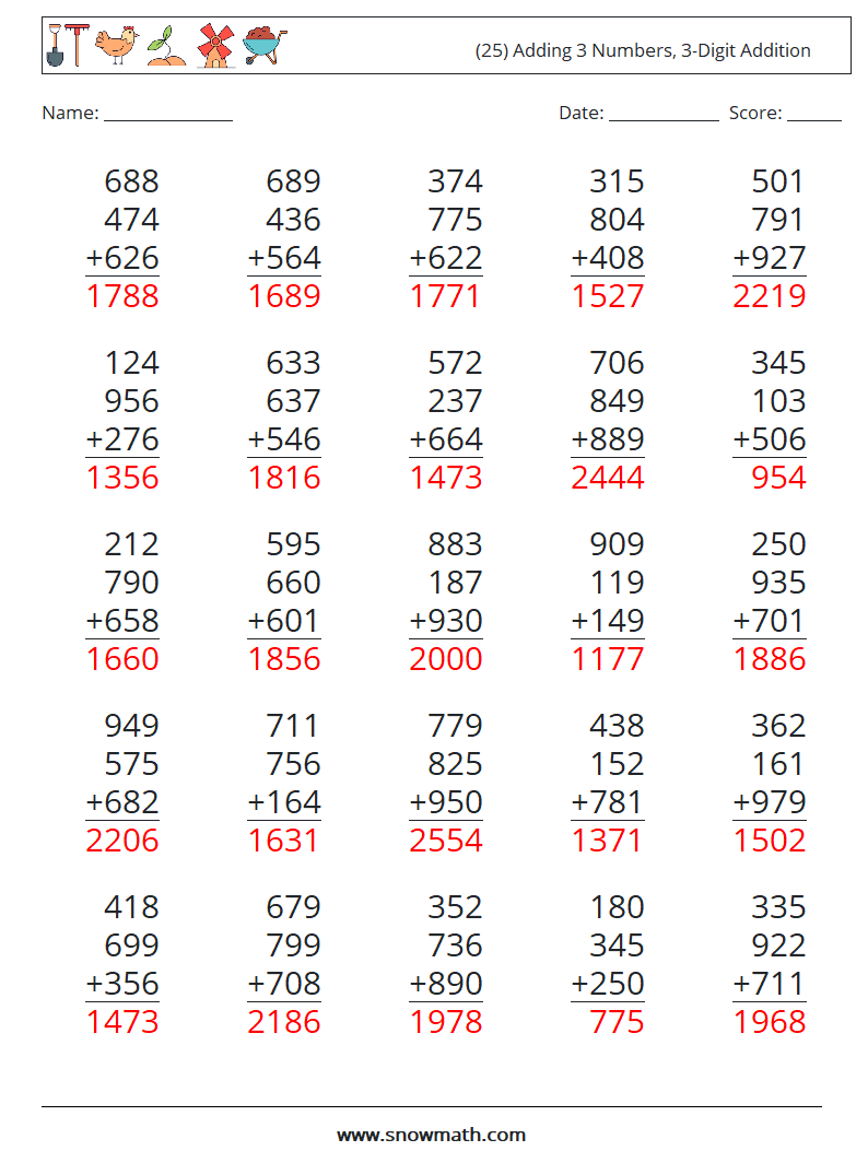 (25) Adding 3 Numbers, 3-Digit Addition Math Worksheets 6 Question, Answer