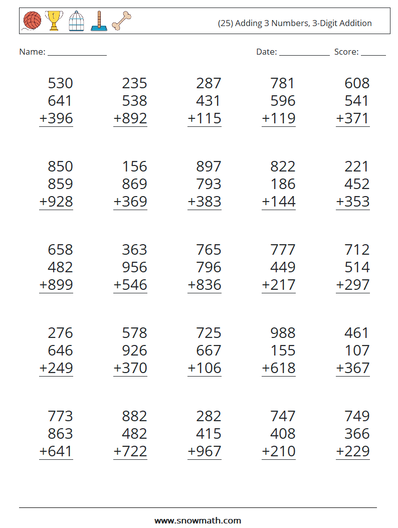 (25) Adding 3 Numbers, 3-Digit Addition Math Worksheets 7