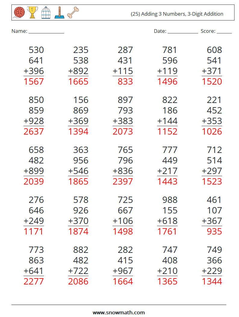 (25) Adding 3 Numbers, 3-Digit Addition Math Worksheets 7 Question, Answer