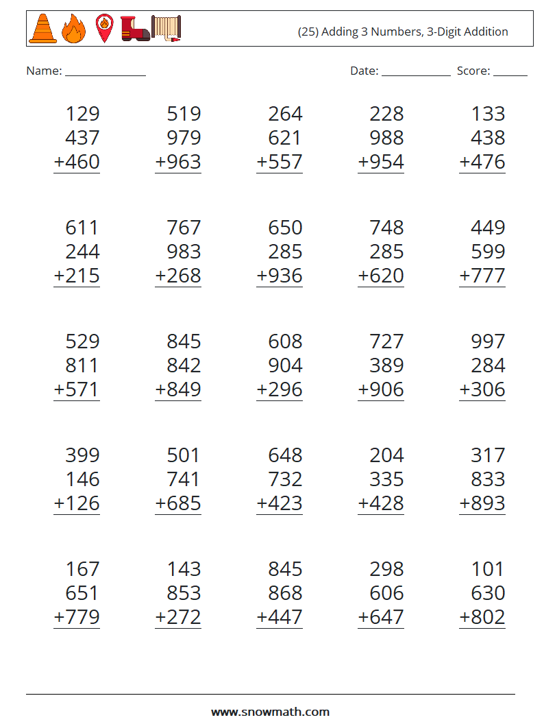 (25) Adding 3 Numbers, 3-Digit Addition Math Worksheets 8