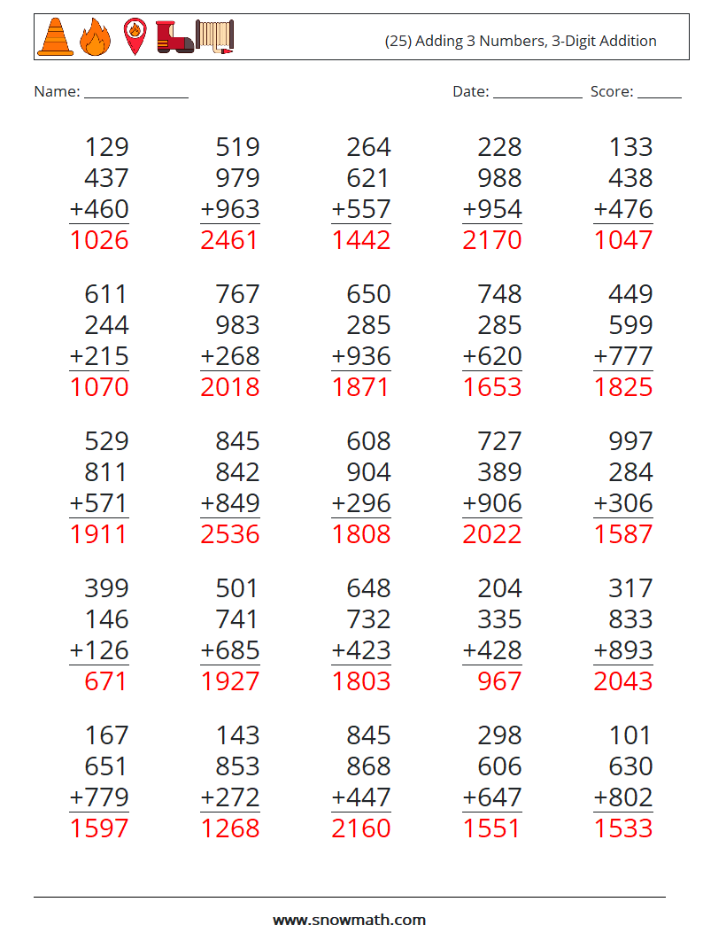(25) Adding 3 Numbers, 3-Digit Addition Math Worksheets 8 Question, Answer