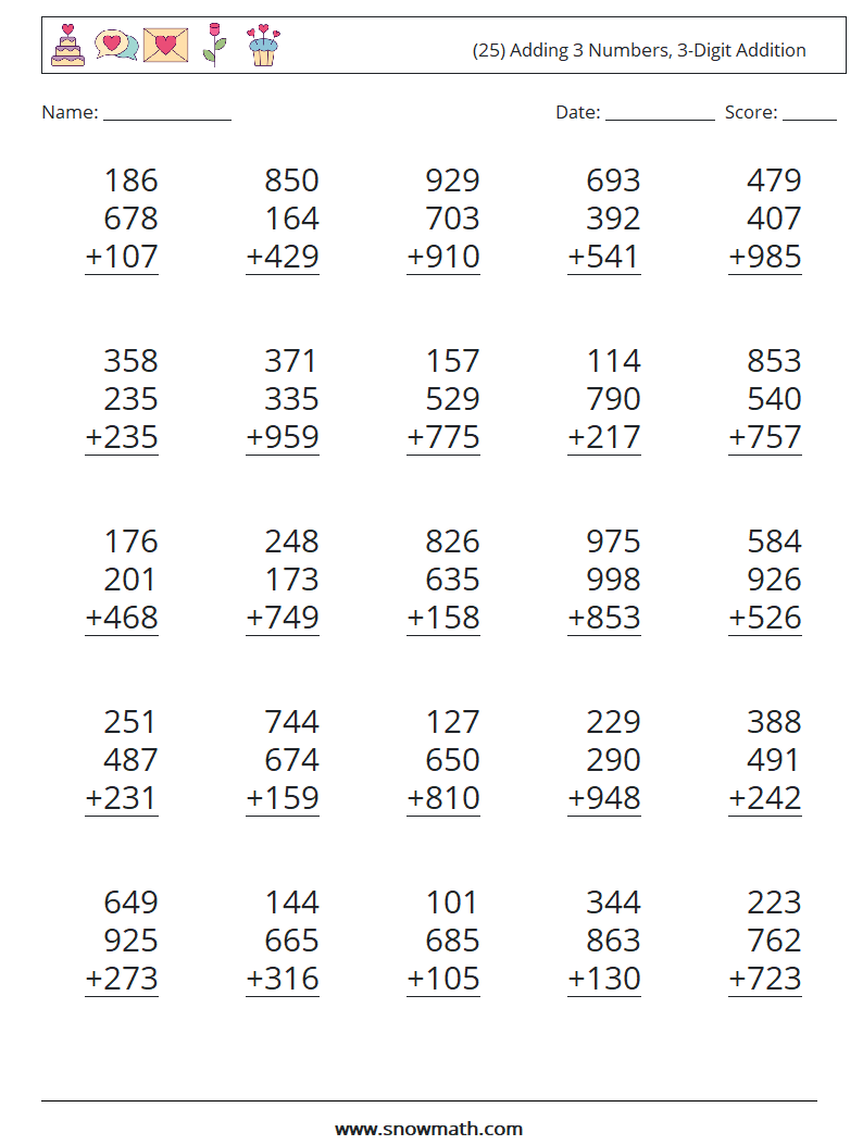 (25) Adding 3 Numbers, 3-Digit Addition Math Worksheets 9