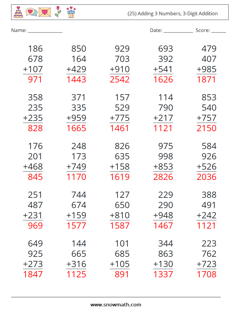 (25) Adding 3 Numbers, 3-Digit Addition Math Worksheets 9 Question, Answer