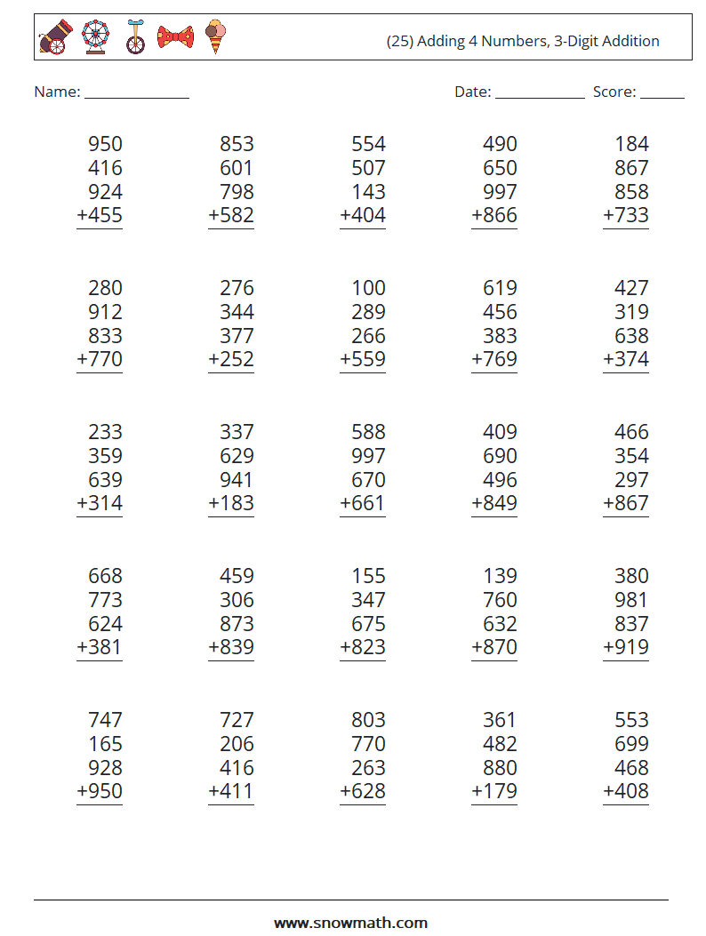 (25) Adding 4 Numbers, 3-Digit Addition Math Worksheets 1