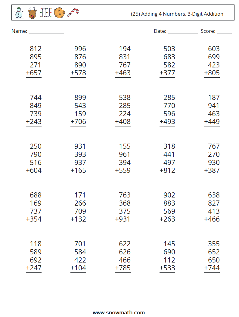 (25) Adding 4 Numbers, 3-Digit Addition Math Worksheets 10