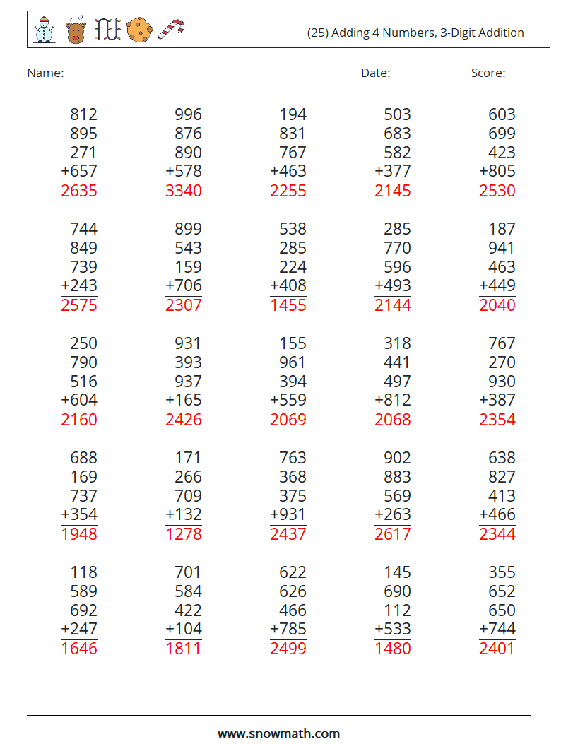 (25) Adding 4 Numbers, 3-Digit Addition Math Worksheets 10 Question, Answer