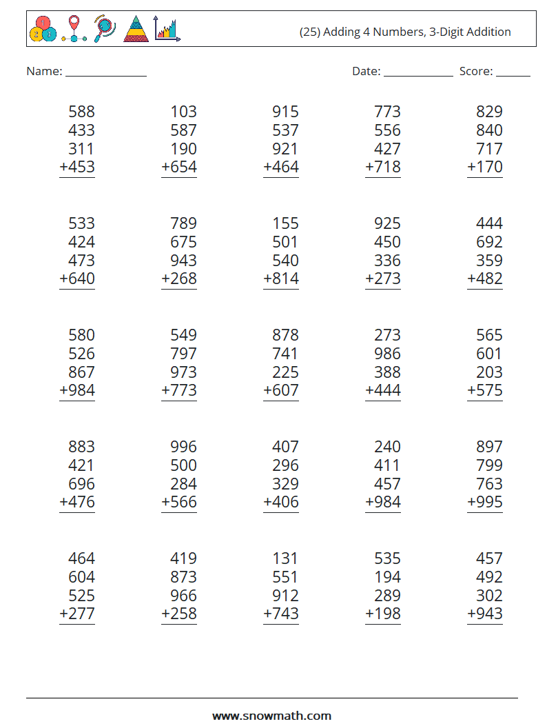 (25) Adding 4 Numbers, 3-Digit Addition Math Worksheets 11