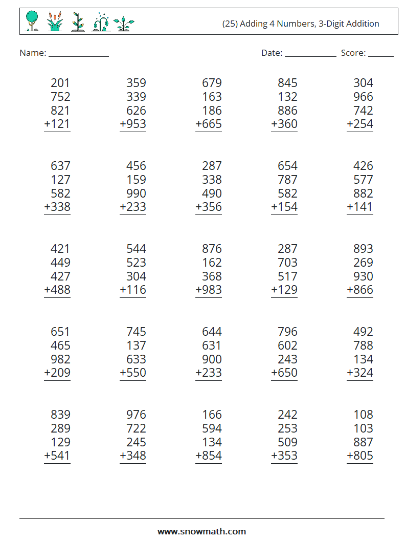 (25) Adding 4 Numbers, 3-Digit Addition Math Worksheets 12