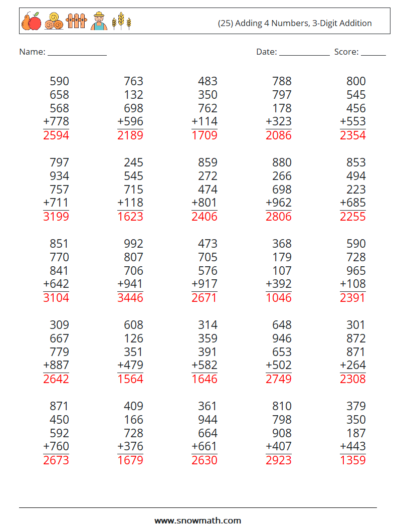 (25) Adding 4 Numbers, 3-Digit Addition Math Worksheets 13 Question, Answer