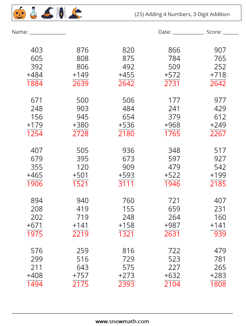 (25) Adding 4 Numbers, 3-Digit Addition Math Worksheets 14 Question, Answer