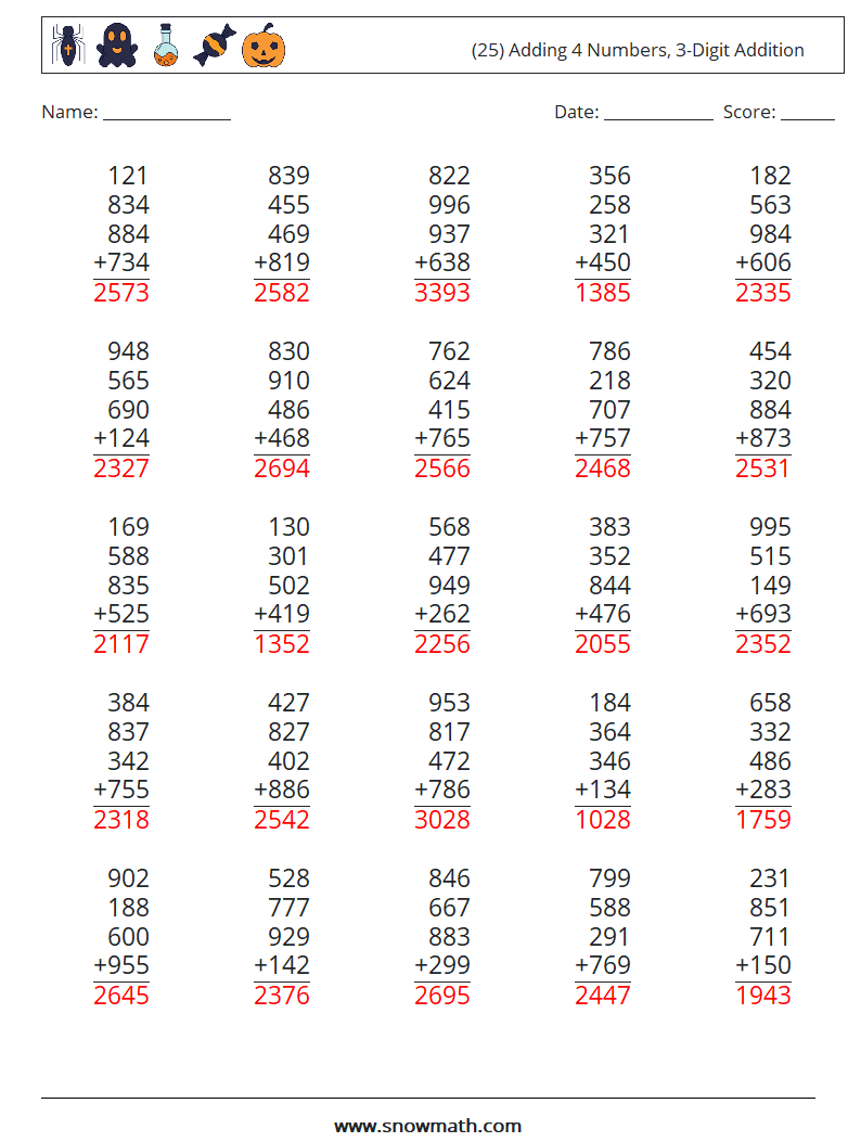 (25) Adding 4 Numbers, 3-Digit Addition Math Worksheets 15 Question, Answer