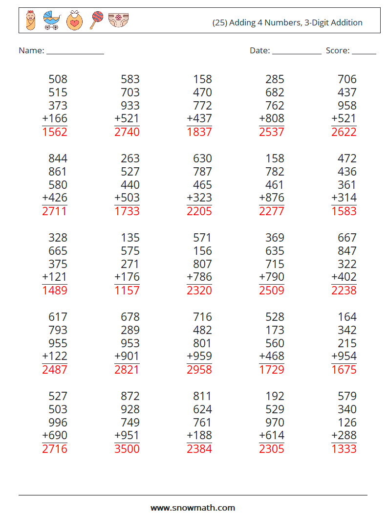 (25) Adding 4 Numbers, 3-Digit Addition Math Worksheets 16 Question, Answer