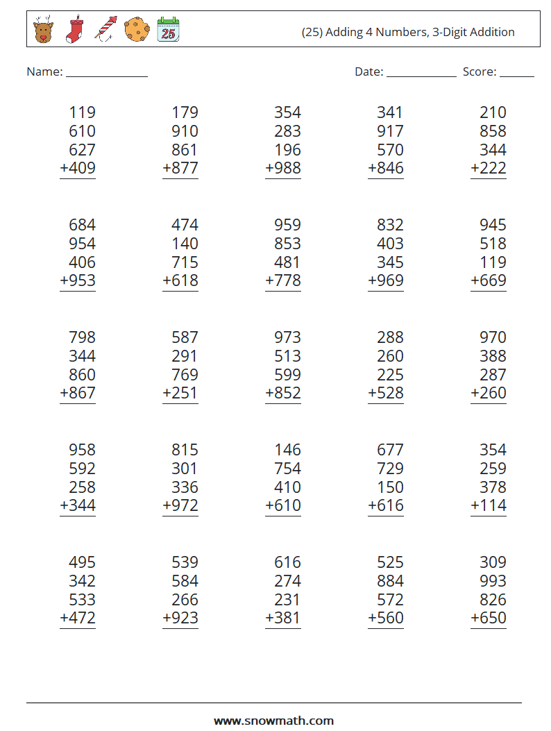 (25) Adding 4 Numbers, 3-Digit Addition Math Worksheets 17