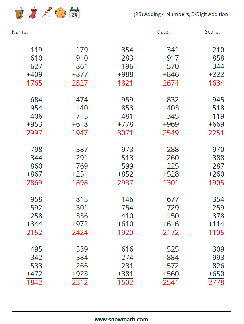 (25) Adding 4 Numbers, 3-Digit Addition Math Worksheets 17 Question, Answer