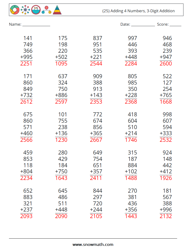 (25) Adding 4 Numbers, 3-Digit Addition Math Worksheets 18 Question, Answer