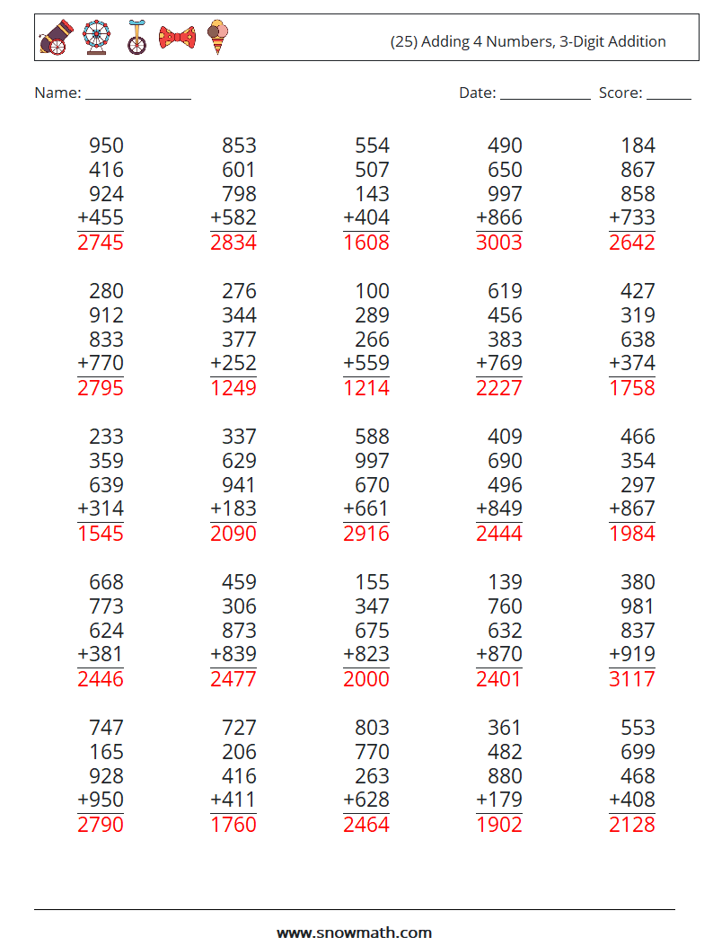 (25) Adding 4 Numbers, 3-Digit Addition Math Worksheets 1 Question, Answer