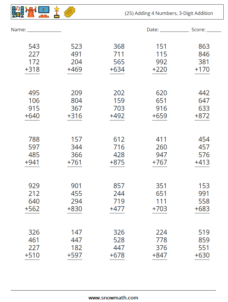 (25) Adding 4 Numbers, 3-Digit Addition Math Worksheets 2