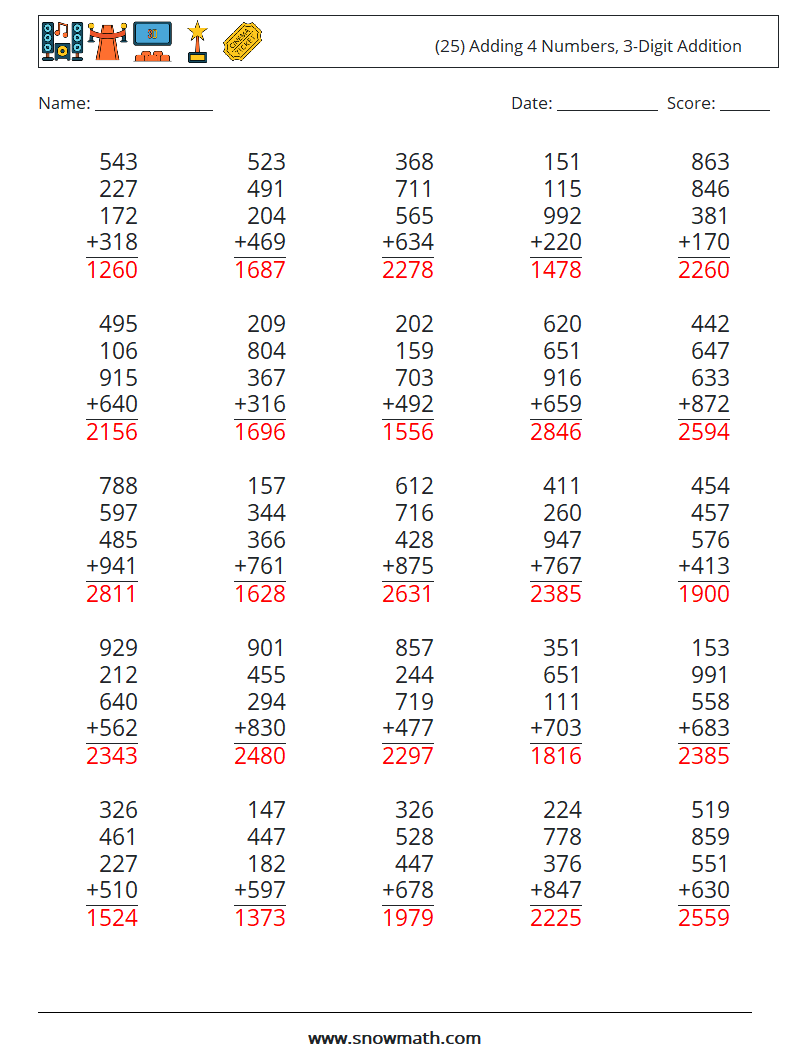 (25) Adding 4 Numbers, 3-Digit Addition Math Worksheets 2 Question, Answer