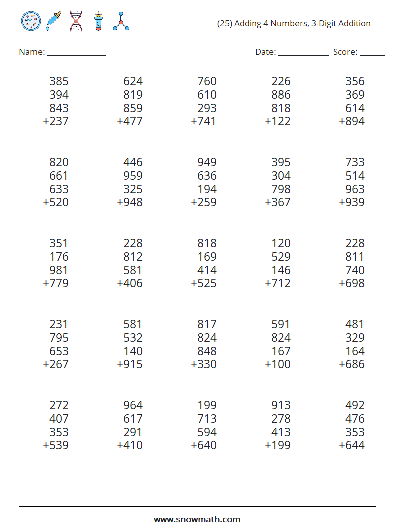 (25) Adding 4 Numbers, 3-Digit Addition Math Worksheets 3