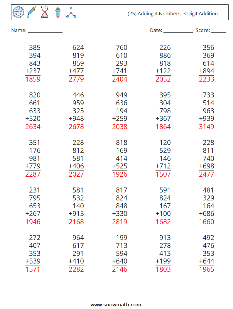 (25) Adding 4 Numbers, 3-Digit Addition Math Worksheets 3 Question, Answer