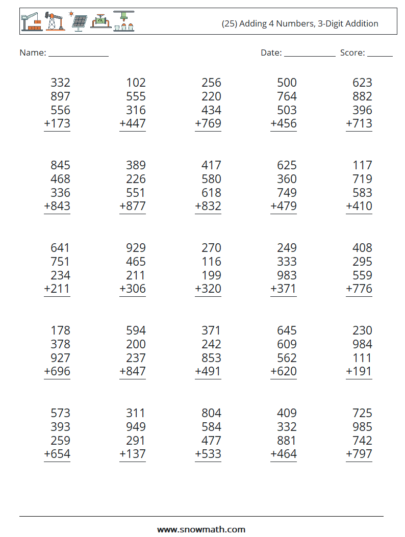 (25) Adding 4 Numbers, 3-Digit Addition Math Worksheets 4