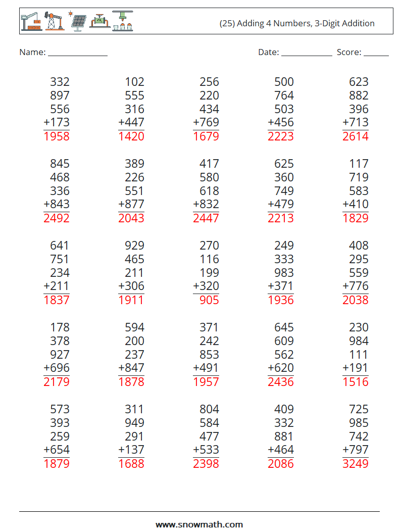 (25) Adding 4 Numbers, 3-Digit Addition Math Worksheets 4 Question, Answer