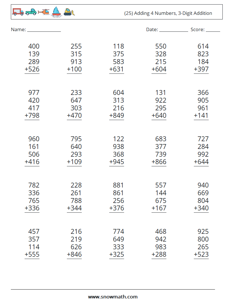 (25) Adding 4 Numbers, 3-Digit Addition Math Worksheets 5