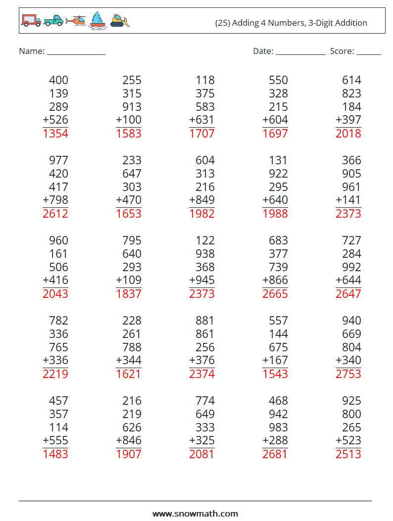 (25) Adding 4 Numbers, 3-Digit Addition Math Worksheets 5 Question, Answer