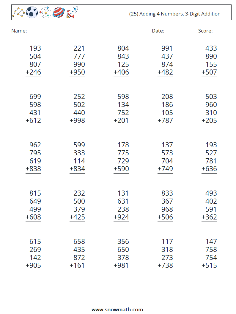 (25) Adding 4 Numbers, 3-Digit Addition Math Worksheets 6