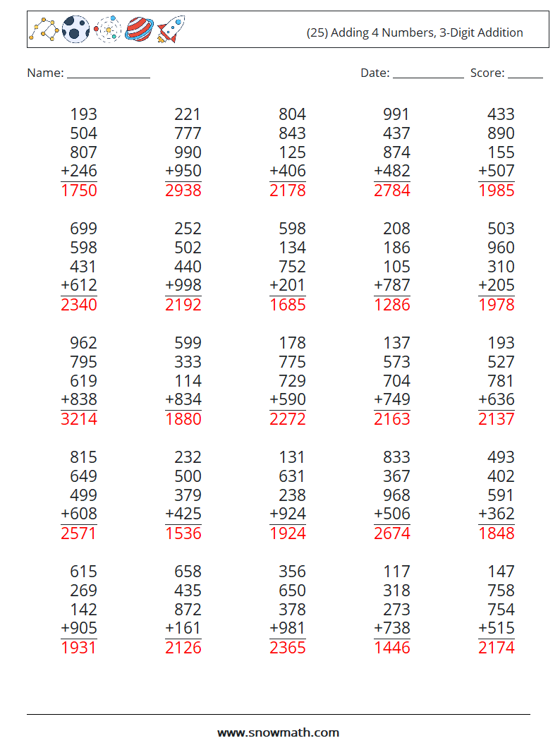 (25) Adding 4 Numbers, 3-Digit Addition Math Worksheets 6 Question, Answer