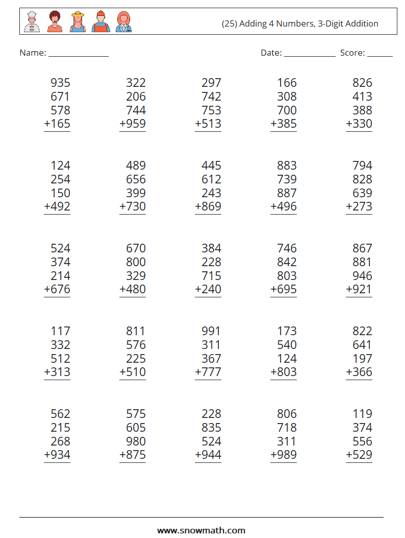 (25) Adding 4 Numbers, 3-Digit Addition Math Worksheets 7