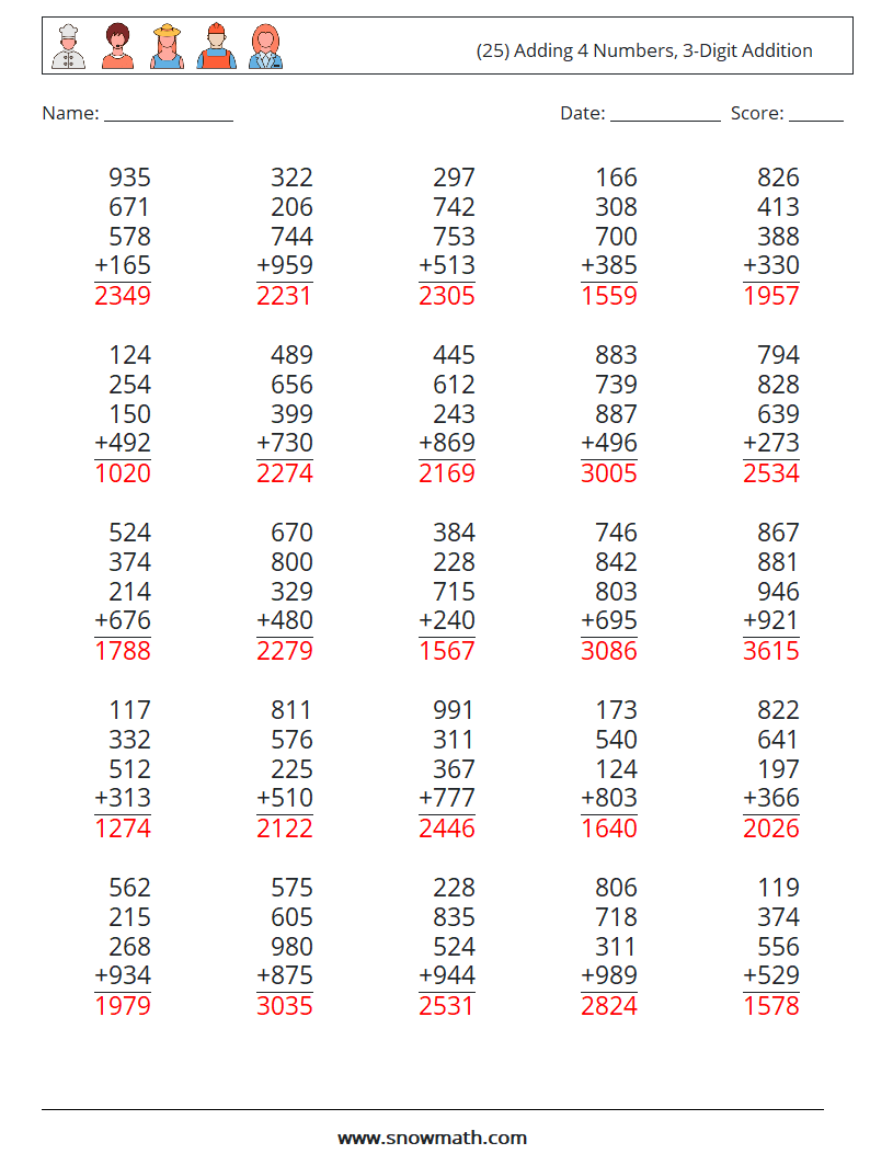 (25) Adding 4 Numbers, 3-Digit Addition Math Worksheets 7 Question, Answer