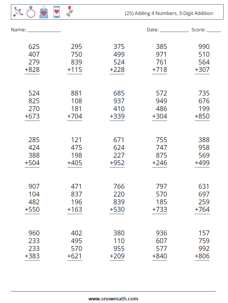 (25) Adding 4 Numbers, 3-Digit Addition Math Worksheets 8