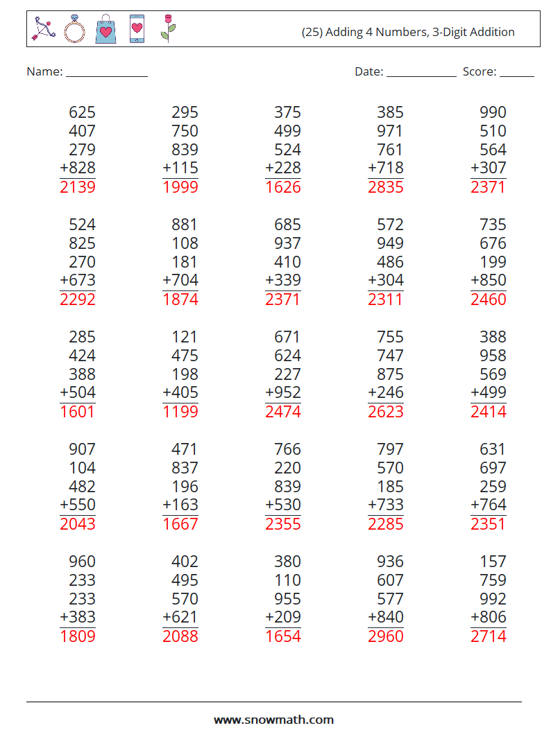 (25) Adding 4 Numbers, 3-Digit Addition Math Worksheets 8 Question, Answer