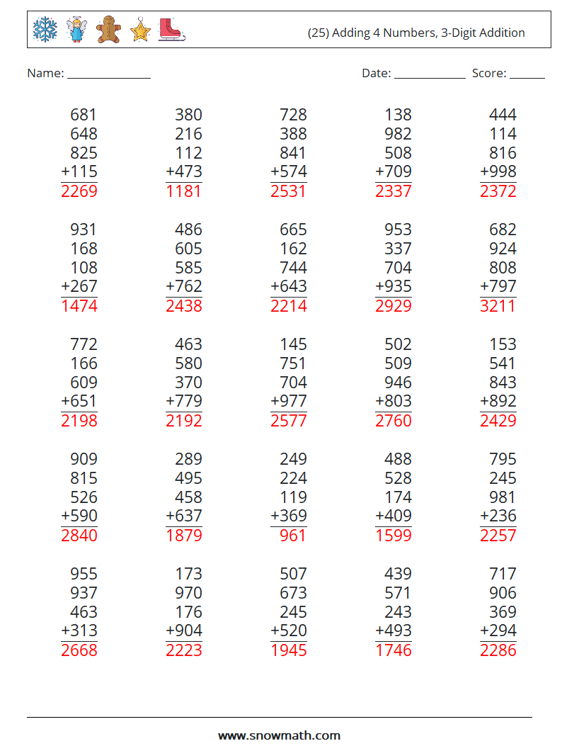 (25) Adding 4 Numbers, 3-Digit Addition Math Worksheets 9 Question, Answer