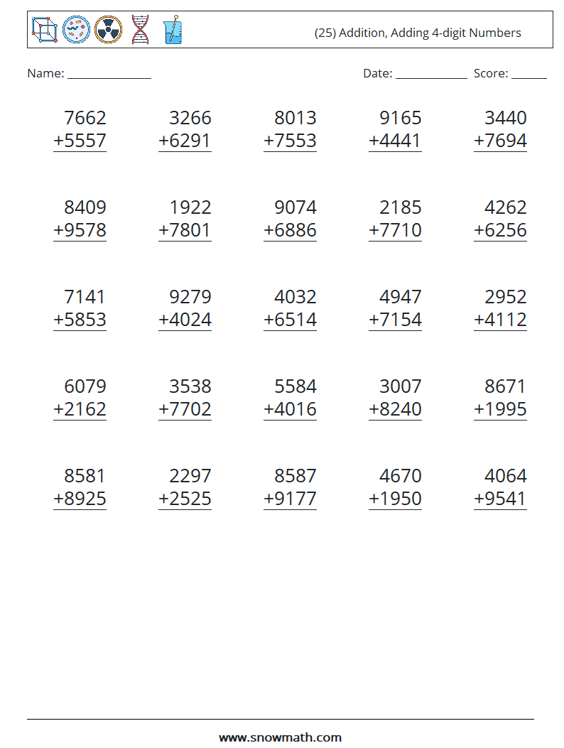 (25) Addition, Adding 4-digit Numbers Math Worksheets 1