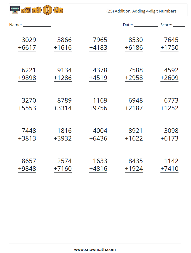 (25) Addition, Adding 4-digit Numbers Math Worksheets 10