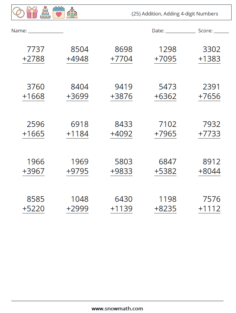 (25) Addition, Adding 4-digit Numbers Math Worksheets 11