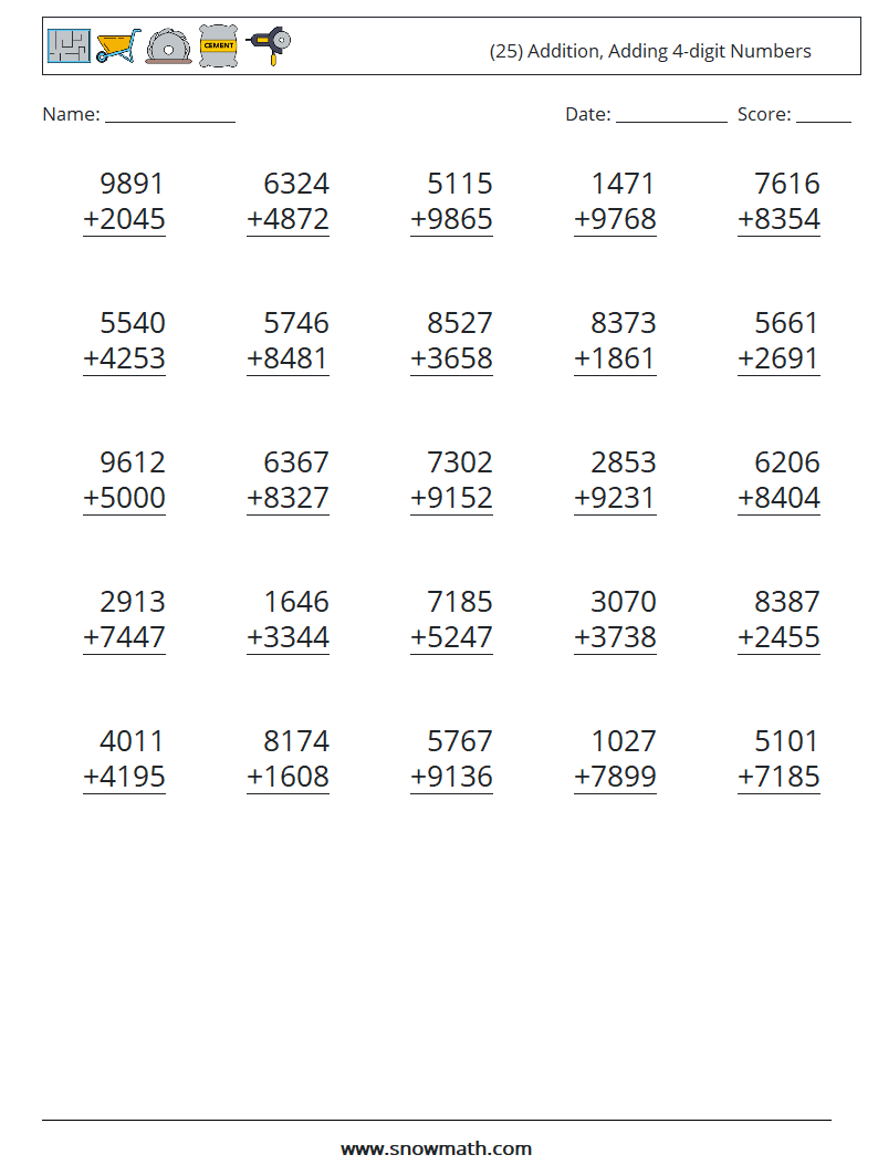 (25) Addition, Adding 4-digit Numbers Math Worksheets 12