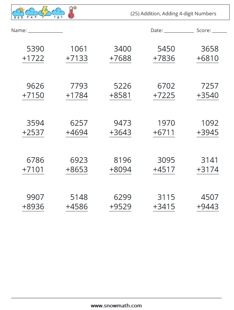 (25) Addition, Adding 4-digit Numbers Math Worksheets 13