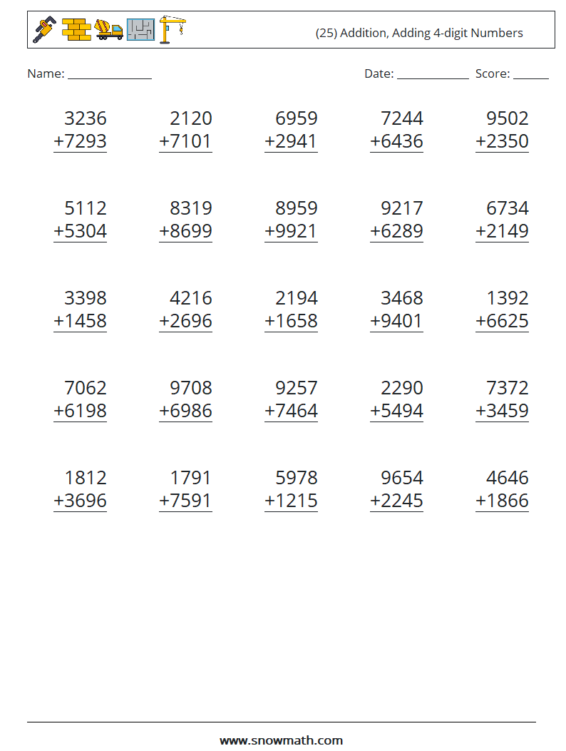 (25) Addition, Adding 4-digit Numbers Math Worksheets 14