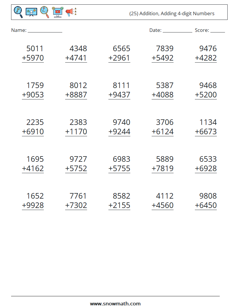 (25) Addition, Adding 4-digit Numbers Math Worksheets 15