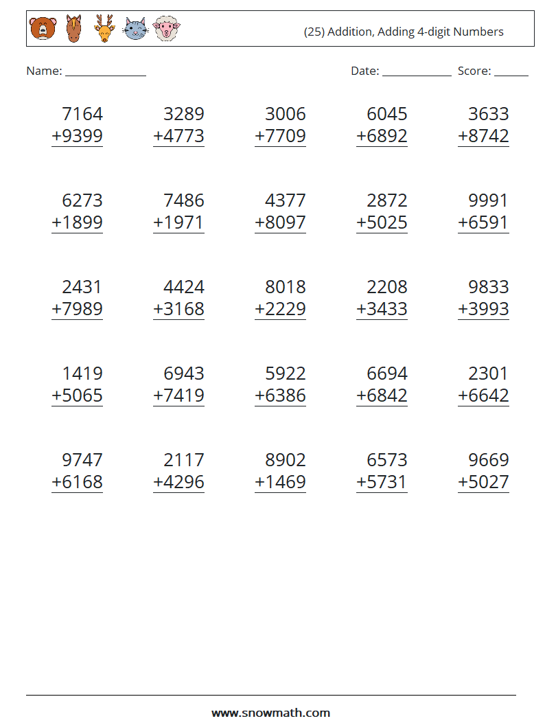 (25) Addition, Adding 4-digit Numbers Math Worksheets 16