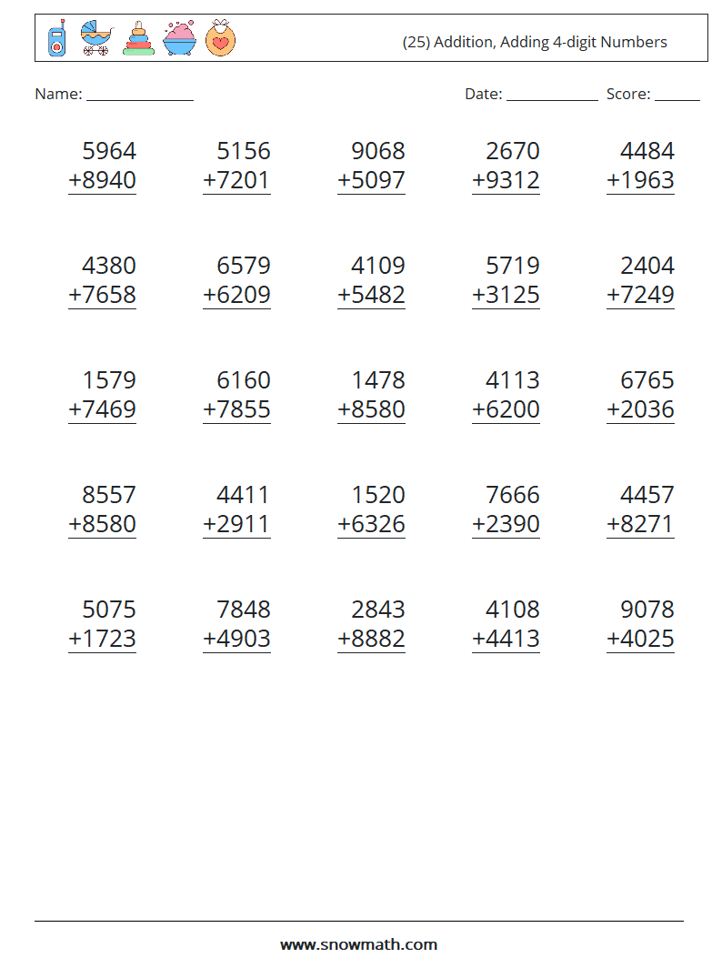 (25) Addition, Adding 4-digit Numbers Math Worksheets 18