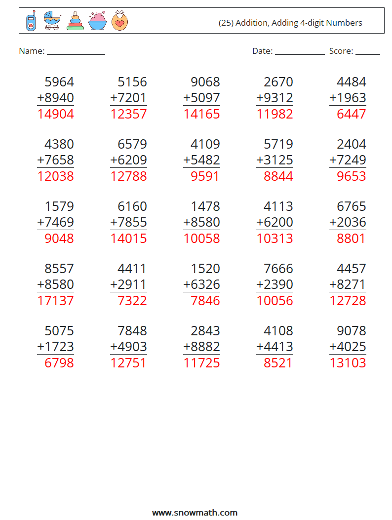 (25) Addition, Adding 4-digit Numbers Math Worksheets 18 Question, Answer