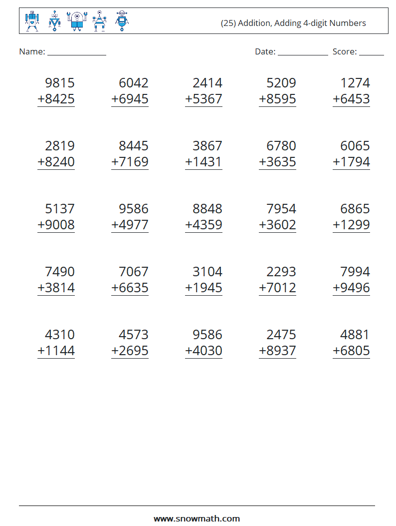 (25) Addition, Adding 4-digit Numbers Math Worksheets 2