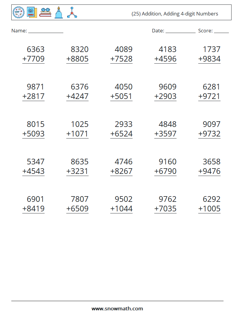 (25) Addition, Adding 4-digit Numbers Math Worksheets 3