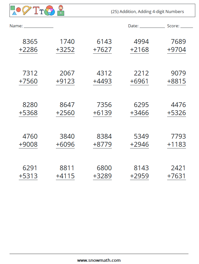 (25) Addition, Adding 4-digit Numbers Math Worksheets 4