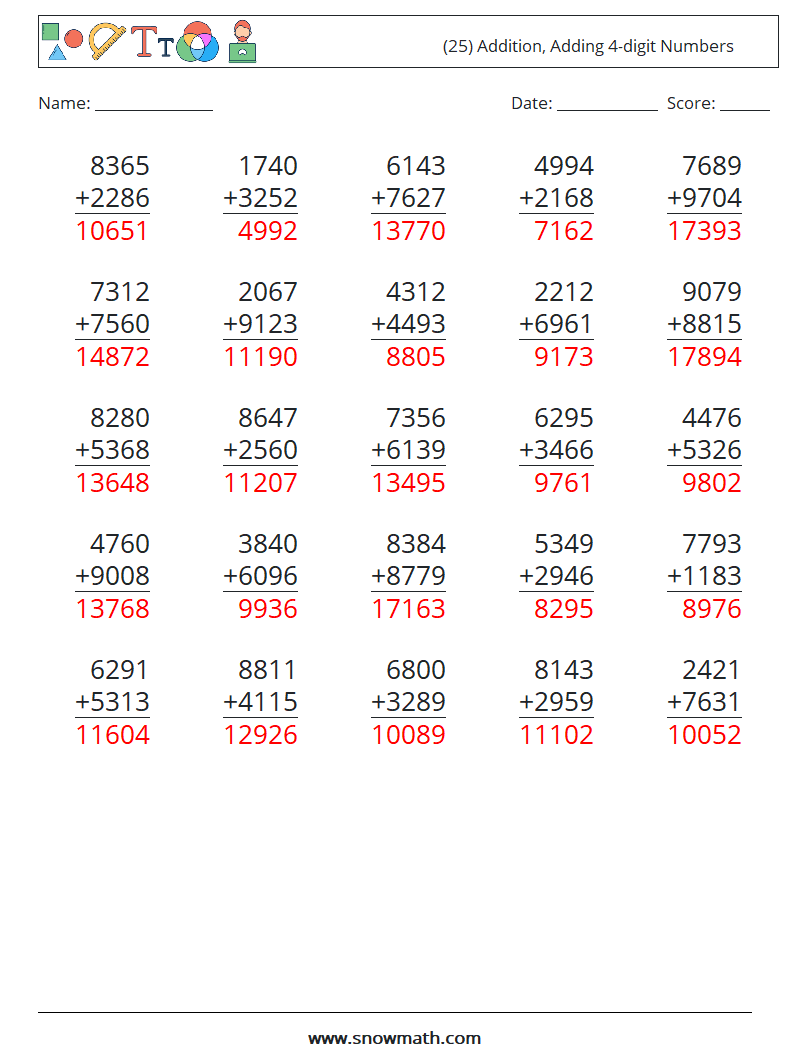 (25) Addition, Adding 4-digit Numbers Math Worksheets 4 Question, Answer