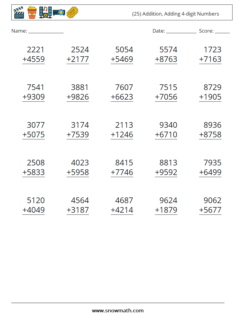 (25) Addition, Adding 4-digit Numbers Math Worksheets 5